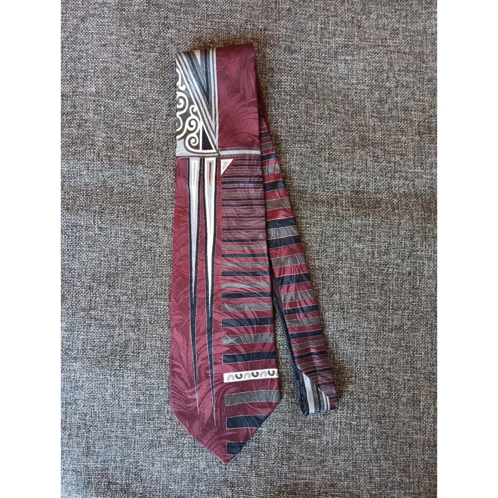 Tie 70s 80s 90s Y2K Mens George Machado Silk Gray Black Red 4 Wide 58 Long